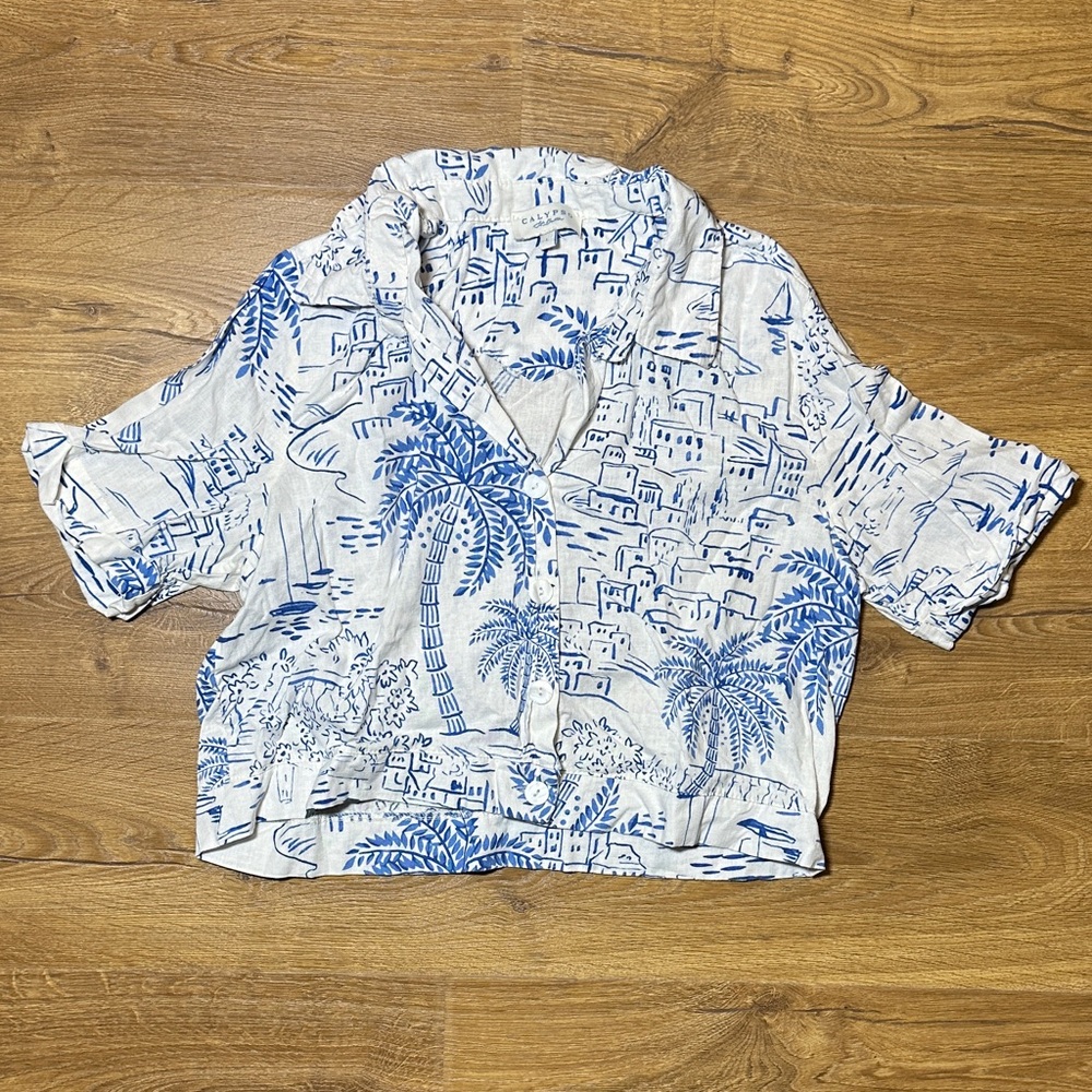 Calypso Blue & White Tropical Print Button Up Crop Large